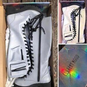 Reflective Obsidian Pocket Combat Boots by Current Mood. Size 10
